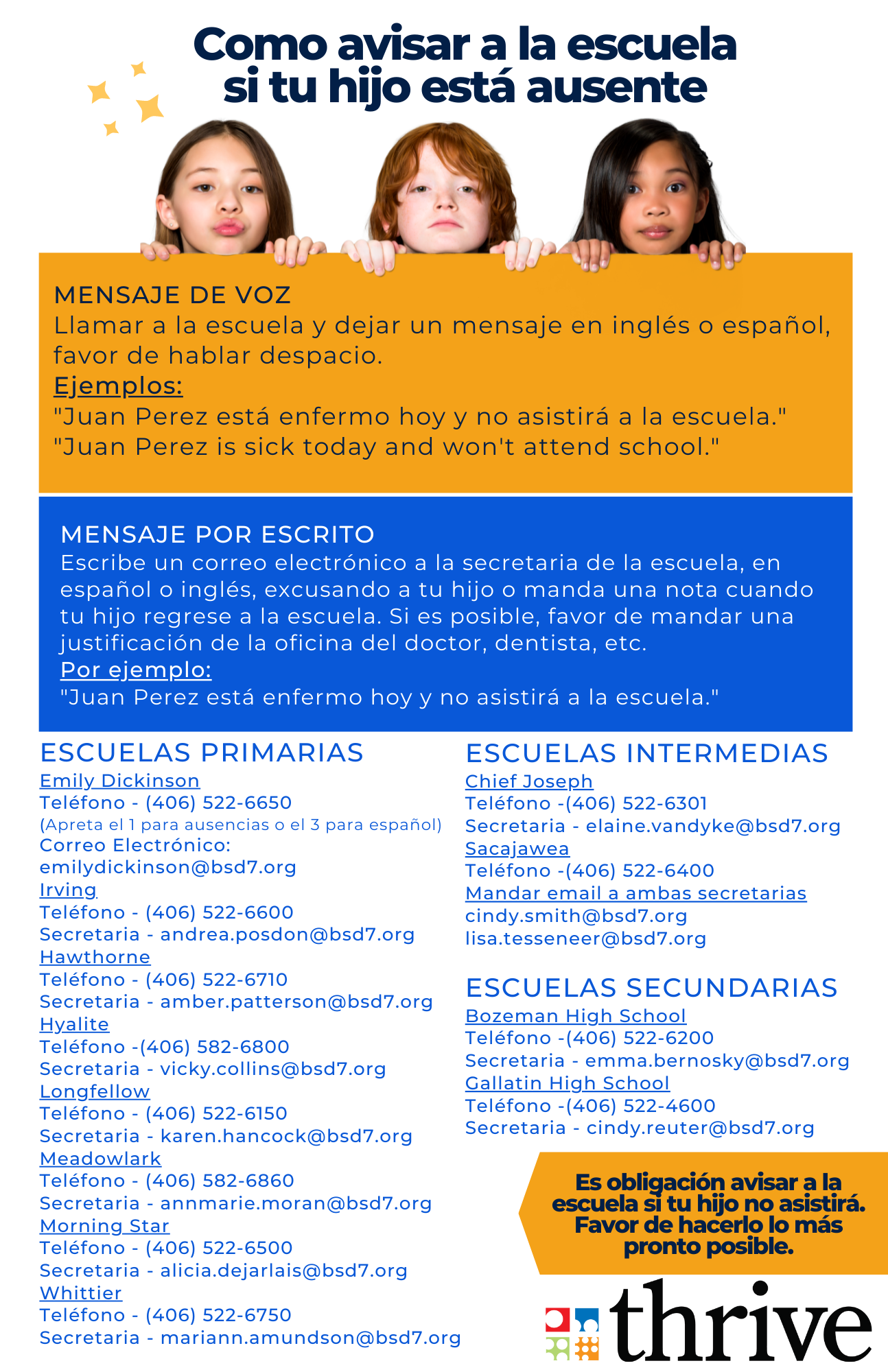 Infographic in Spanish describing how to inform the school if your child is absent