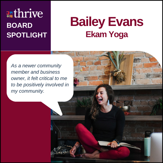 Thrive Board Member Bailey Evans smiles as she teaches a yoga class at Ekam in Bozeman